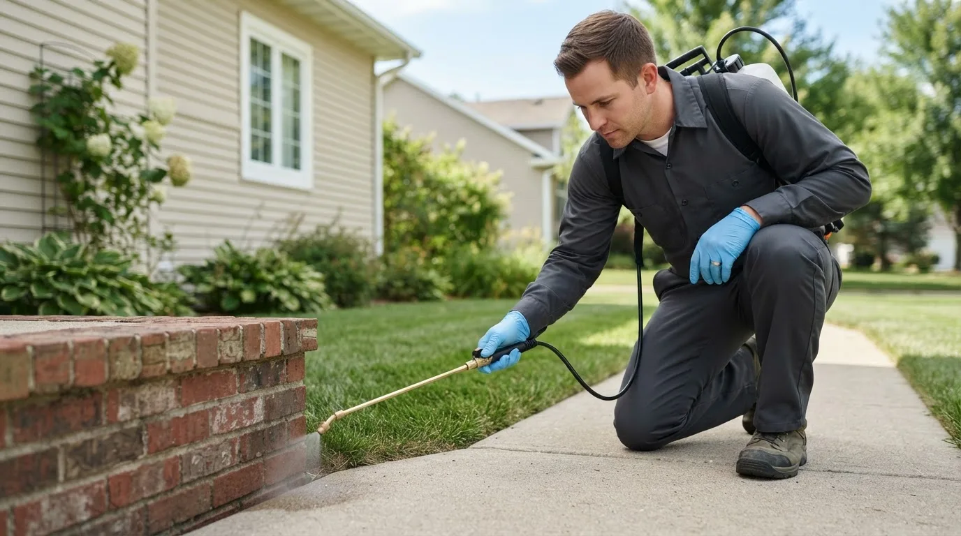 Pest control technician treating a home near Poneto, IN