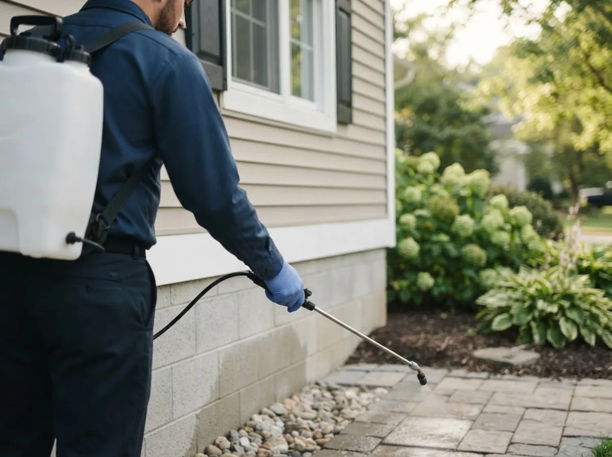 Pest control technician inspecting a home in Poneto, IN
